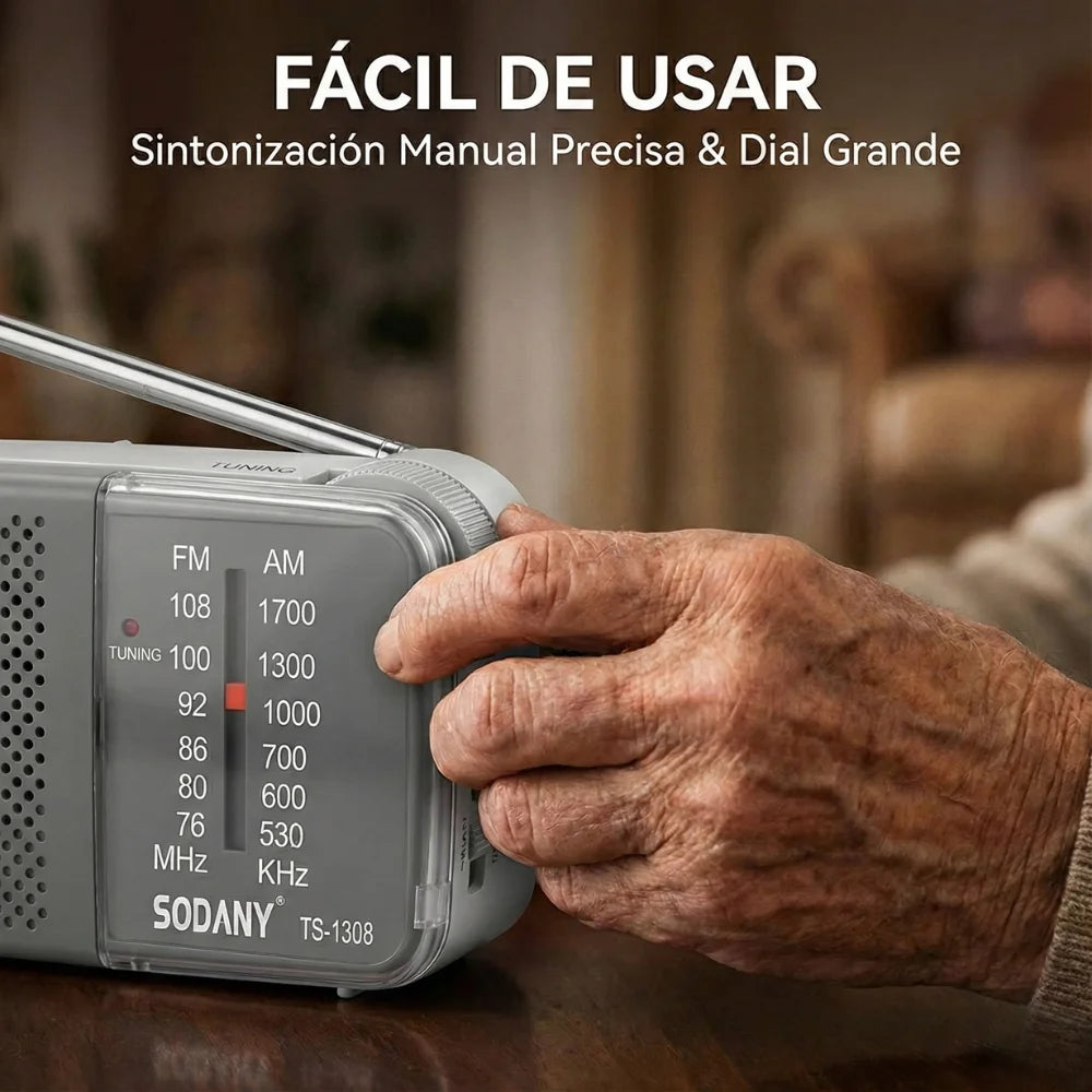 Radio portátil pequeña Sodany con amplificador de potencia (AM/FM) a pilas, de bolsillo, con altavoz y conector para auriculares.