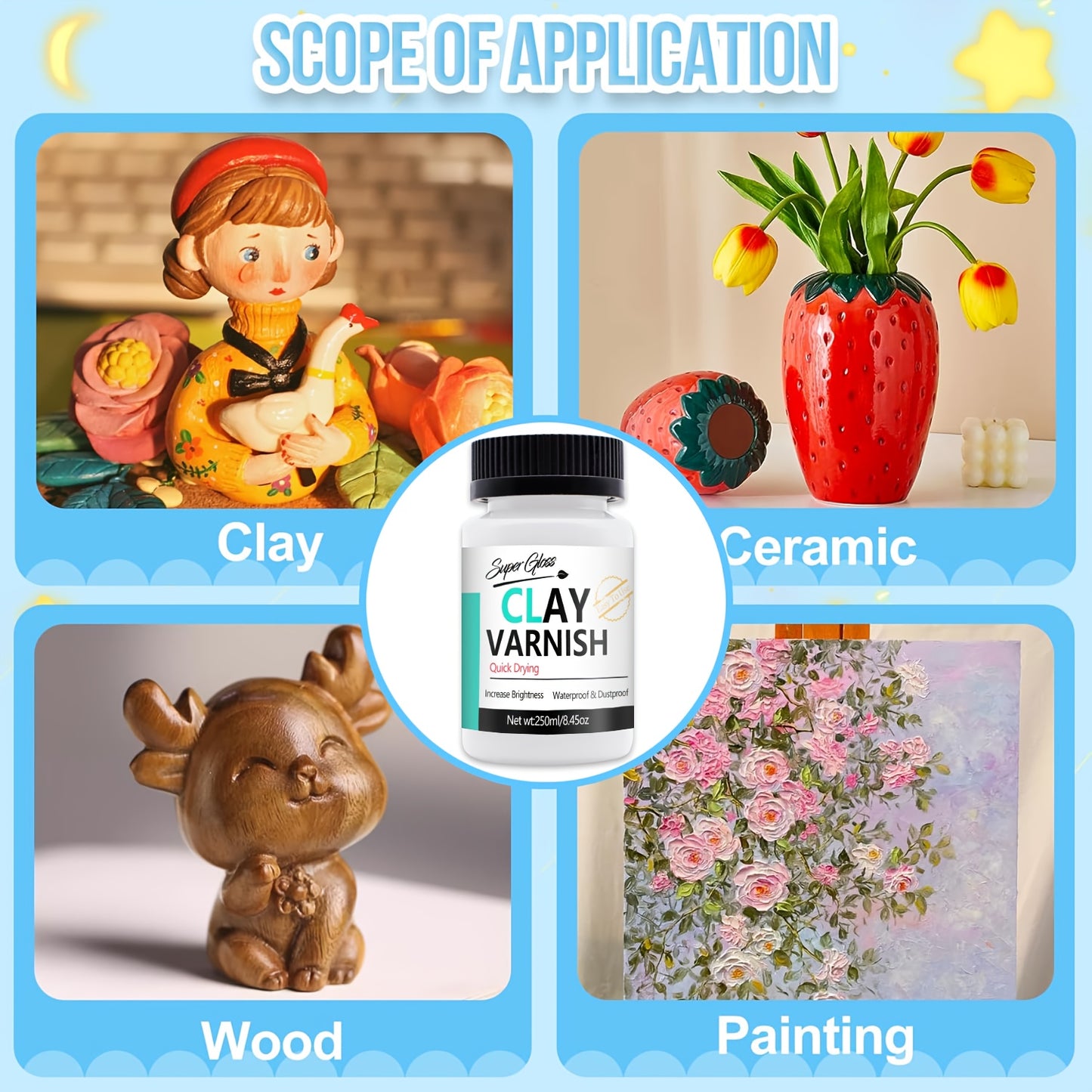 Barniz de arcilla con pinceles, barniz acrílico, esmalte de arcilla de secado al aire.