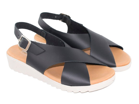SANDALIA CRUZADA PIEL HEBILLA PLANTA GEL PIEL NEGRO