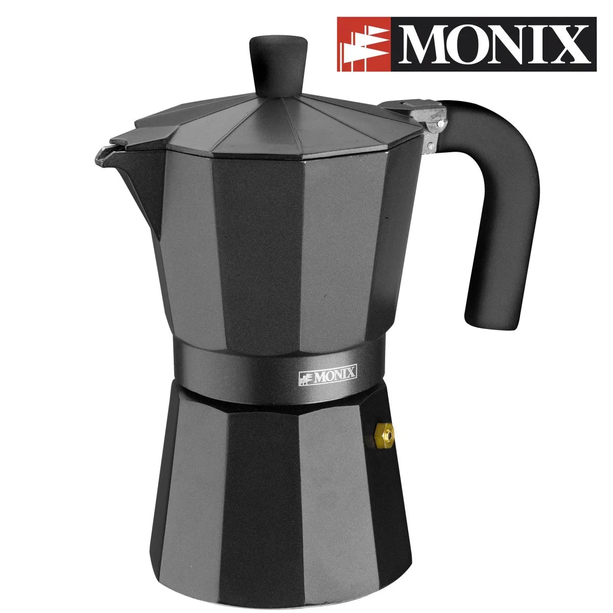 Cafetera italiana Monix Noir Vitro de aluminio. De 1 a 12 tazas de café. Apta para cocinas de gas, vitrocerámica y eléctricas.