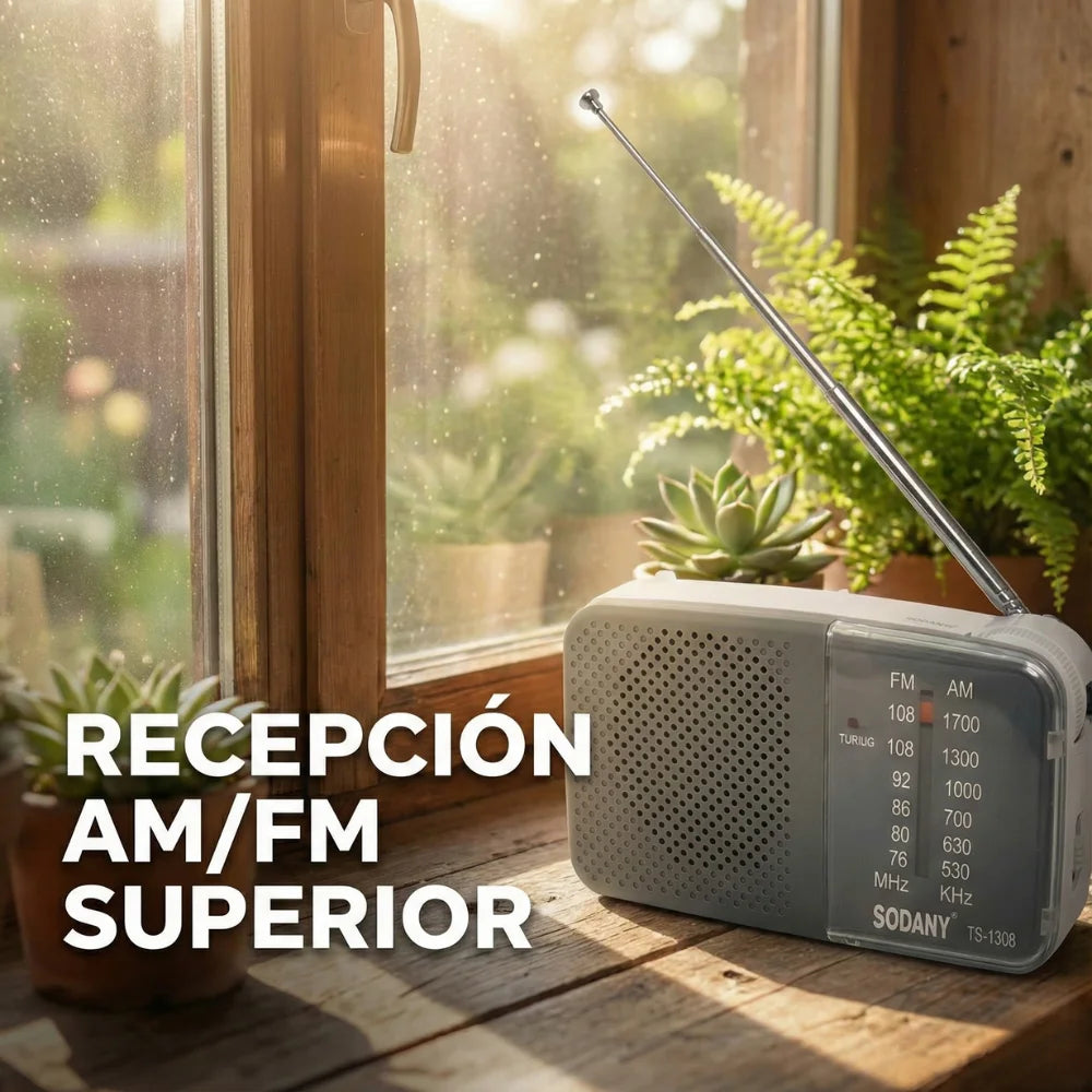 Radio portátil pequeña Sodany con amplificador de potencia (AM/FM) a pilas, de bolsillo, con altavoz y conector para auriculares.