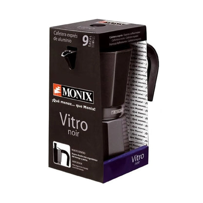 Cafetera italiana Monix Noir Vitro de aluminio. De 1 a 12 tazas de café. Apta para cocinas de gas, vitrocerámica y eléctricas.