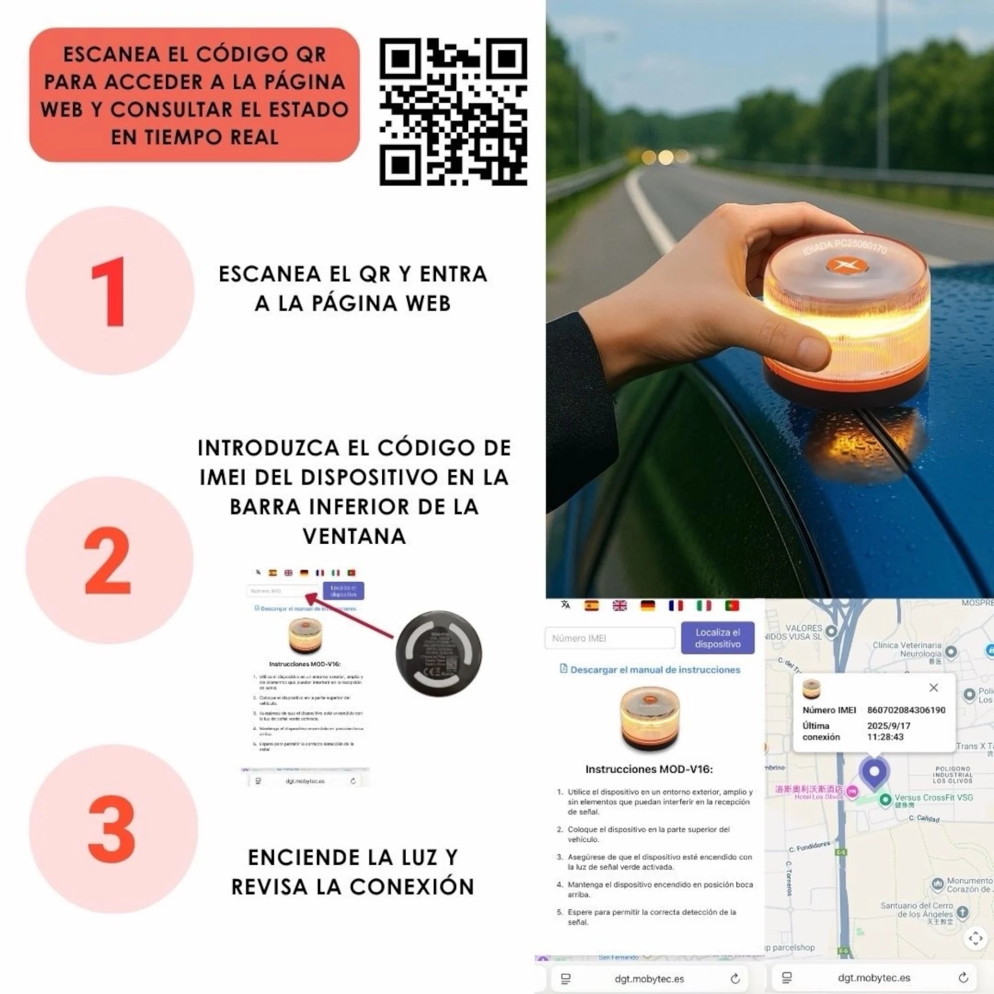 Baliza V16 Homologada DGT con Geolocalización y Señal LED 360º de Alta Intensidad para Máxima Seguridad en Carretera durante Averías, Paradas o Emergencias con Base Imantada.