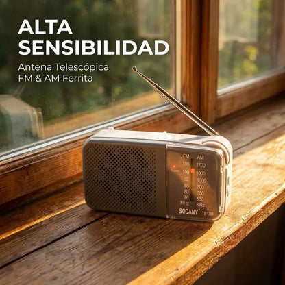Radio portátil pequeña Sodany con amplificador de potencia (AM/FM) a pilas, de bolsillo, con altavoz y conector para auriculares.