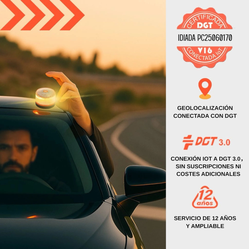 Baliza V16 Homologada DGT con Geolocalización y Señal LED 360º de Alta Intensidad para Máxima Seguridad en Carretera durante Averías, Paradas o Emergencias con Base Imantada.
