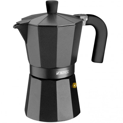 Cafetera italiana Monix Noir Vitro de aluminio. De 1 a 12 tazas de café. Apta para cocinas de gas, vitrocerámica y eléctricas.