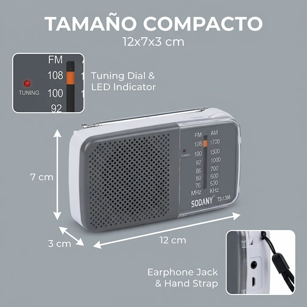 Radio portátil pequeña Sodany con amplificador de potencia (AM/FM) a pilas, de bolsillo, con altavoz y conector para auriculares.