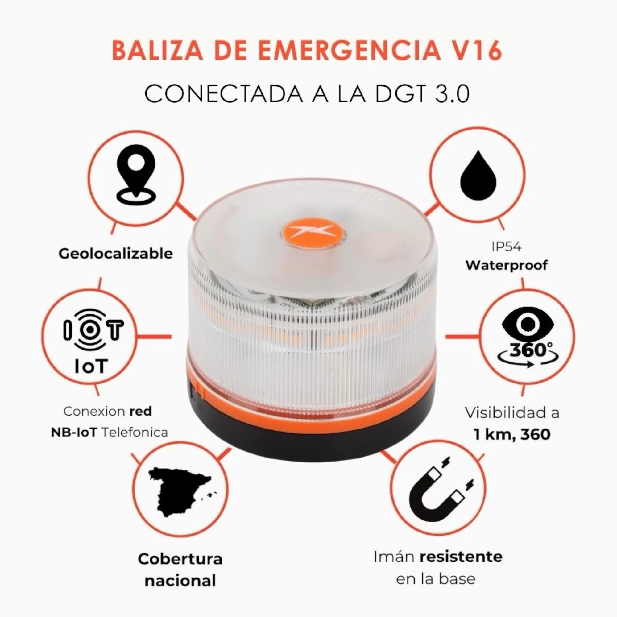 Baliza V16 Homologada DGT con Geolocalización y Señal LED 360º de Alta Intensidad para Máxima Seguridad en Carretera durante Averías, Paradas o Emergencias con Base Imantada.