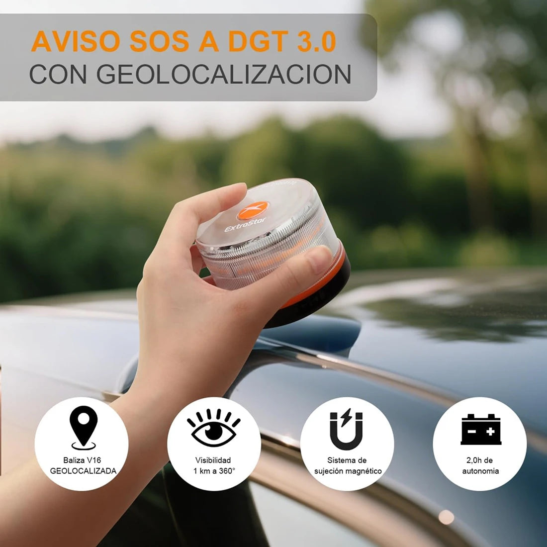 Baliza V16 Homologada DGT con Geolocalización y Señal LED 360º de Alta Intensidad para Máxima Seguridad en Carretera durante Averías, Paradas o Emergencias con Base Imantada.