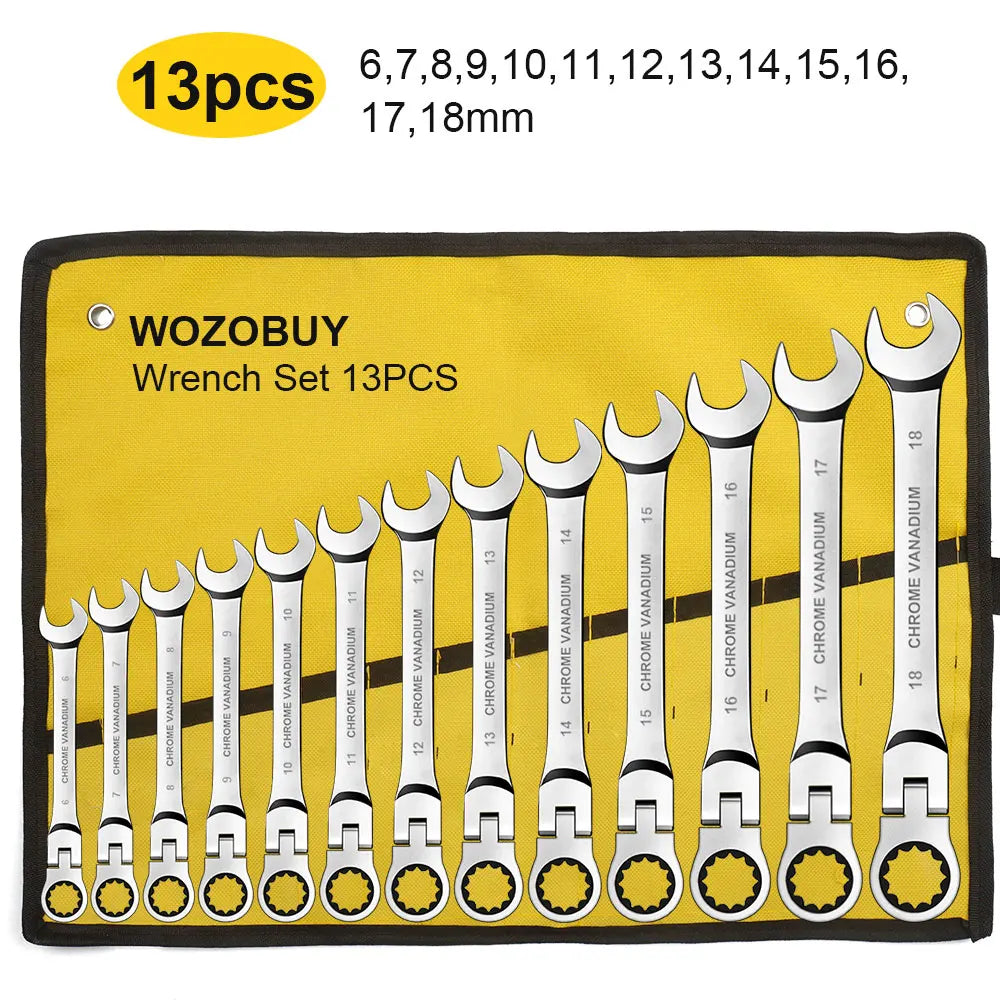 Juego de llaves combinadas de trinquete, llave de trinquete de cabeza flexible métrica de 6-22 mm, llave de acero al cromo-vanadio con bolsa