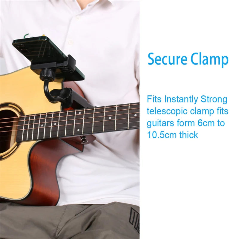 Soporte para teléfono y guitarra: ajustable y giratorio, compatible con guitarras y ukeleles. Compatible con smartphones.