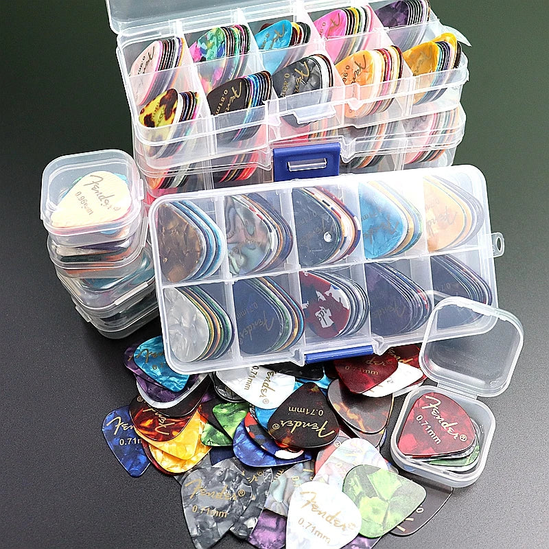 Púas para guitarra acústica/eléctrica (20, 50 y 100 unidades, celuloide, con caja de 0,46 a 0,96 mm de grosor)