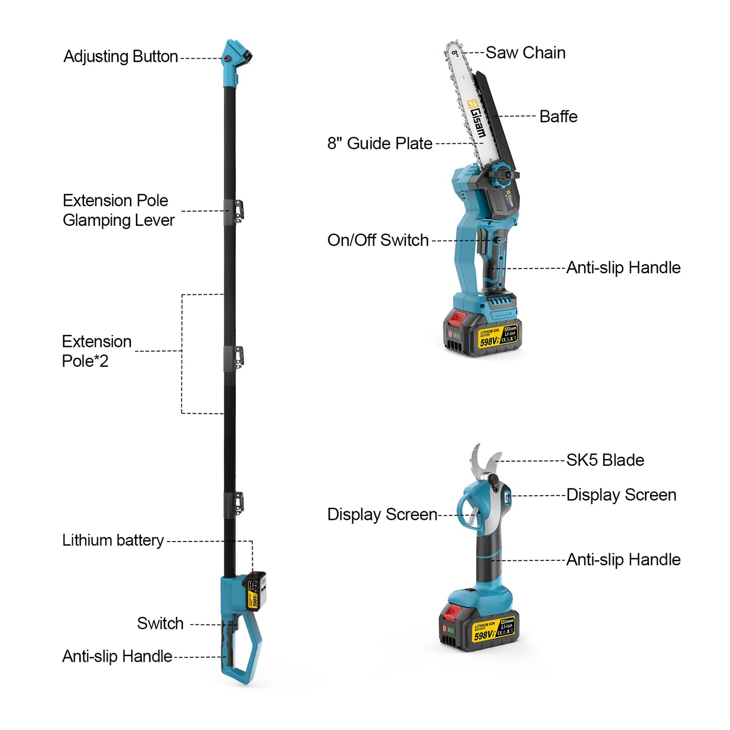 Tijeras de motosierra eléctrica telescópica sin escobillas Gisam 4 en 1, herramienta de poda para ramas altas de jardín, compatible con batería Makita de 18 V.