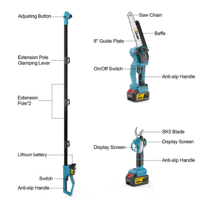 Tijeras de motosierra eléctrica telescópica sin escobillas Gisam 4 en 1, herramienta de poda para ramas altas de jardín, compatible con batería Makita de 18 V.