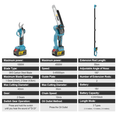 Tijeras de motosierra eléctrica telescópica sin escobillas Gisam 4 en 1, herramienta de poda para ramas altas de jardín, compatible con batería Makita de 18 V.