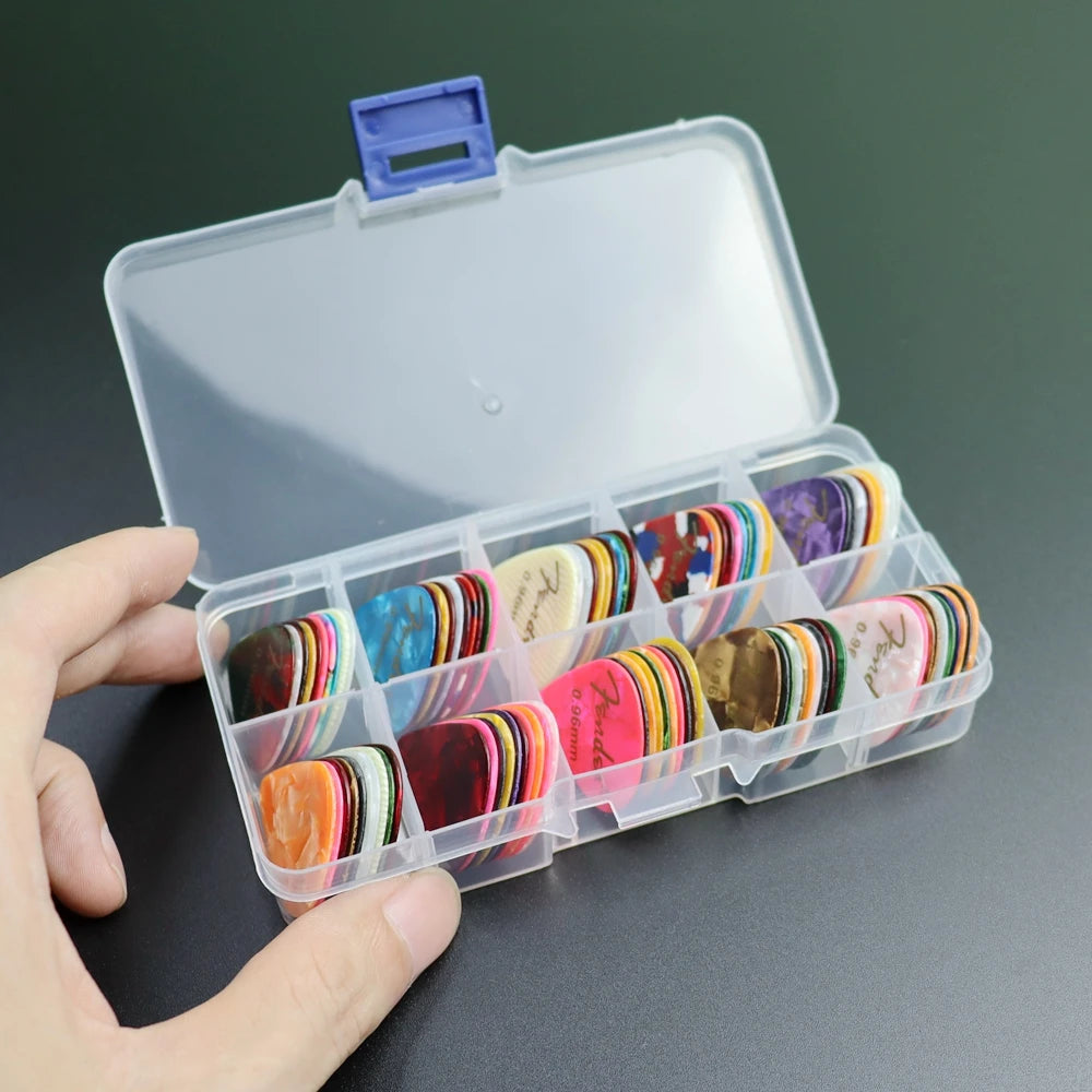 Púas para guitarra acústica/eléctrica (20, 50 y 100 unidades, celuloide, con caja de 0,46 a 0,96 mm de grosor)