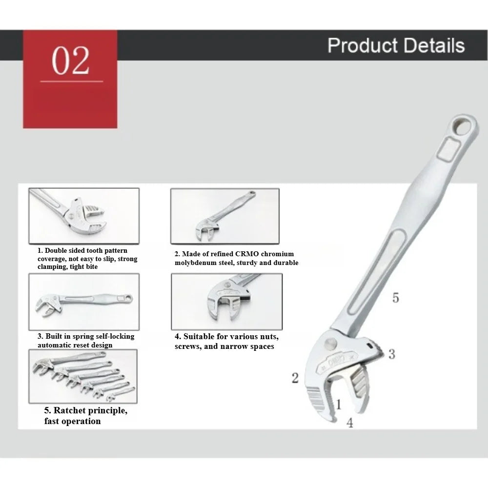 Llave de garra de cangrejo industrial de alta resistencia con trinquete autoajustable y mordaza ancha para la fabricación de tuberías de automoción.