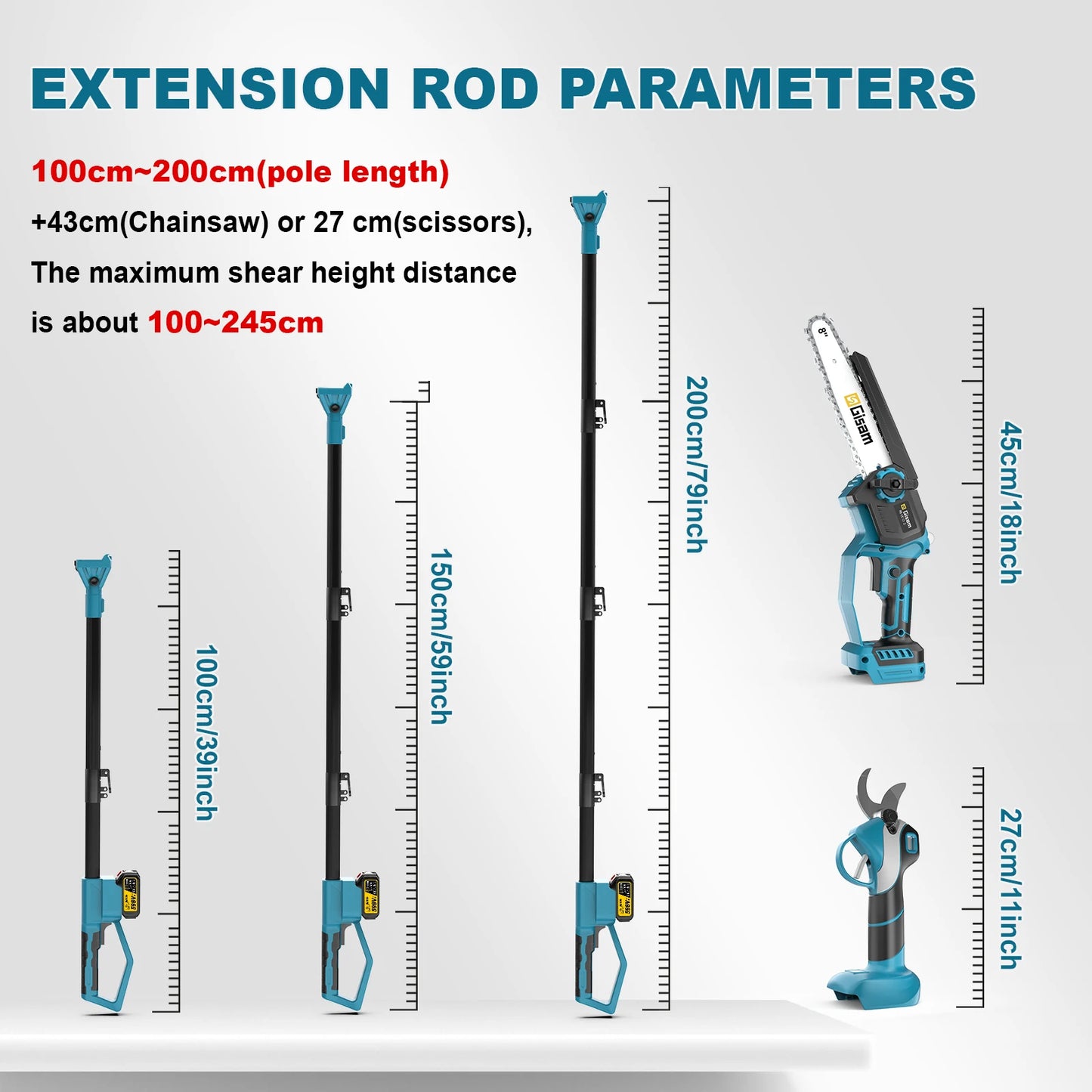 Tijeras de motosierra eléctrica telescópica sin escobillas Gisam 4 en 1, herramienta de poda para ramas altas de jardín, compatible con batería Makita de 18 V.