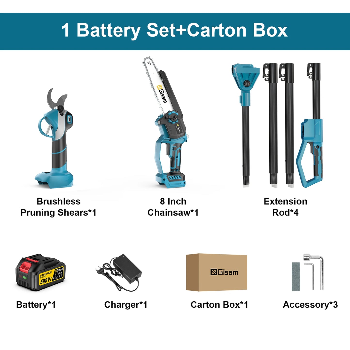 Tijeras de motosierra eléctrica telescópica sin escobillas Gisam 4 en 1, herramienta de poda para ramas altas de jardín, compatible con batería Makita de 18 V.