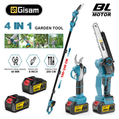 Tijeras de motosierra eléctrica telescópica sin escobillas Gisam 4 en 1, herramienta de poda para ramas altas de jardín, compatible con batería Makita de 18 V.