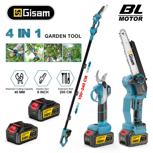 Tijeras de motosierra eléctrica telescópica sin escobillas Gisam 4 en 1, herramienta de poda para ramas altas de jardín, compatible con batería Makita de 18 V.