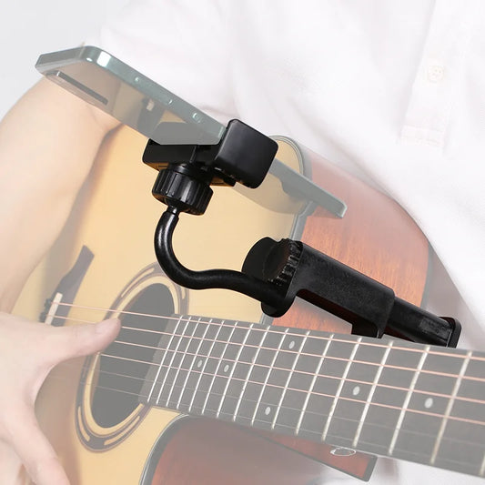 Soporte para teléfono y guitarra: ajustable y giratorio, compatible con guitarras y ukeleles. Compatible con smartphones.